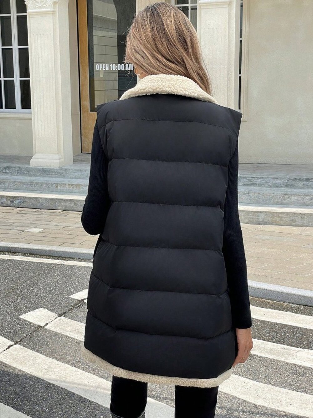 Black Casual Women's sherpa detailed Geometric Quilted Padded Sleeveless Vest - Picture 3 of 8